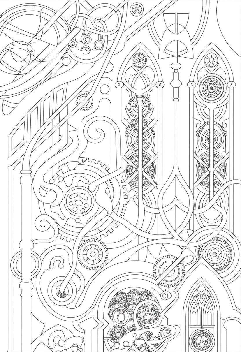 Gothic Coloring Pages for Adults: Top 20 Designs to Download as PDF and Png Files. 32 An intricate scene combining mechanical gears, clockwork parts, gothic arches, and ornate architectural details.